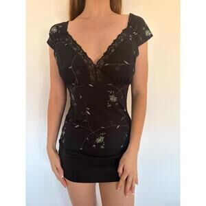 Cottage Core Lace Babydoll Floral Black Milkmaid Top Y2k